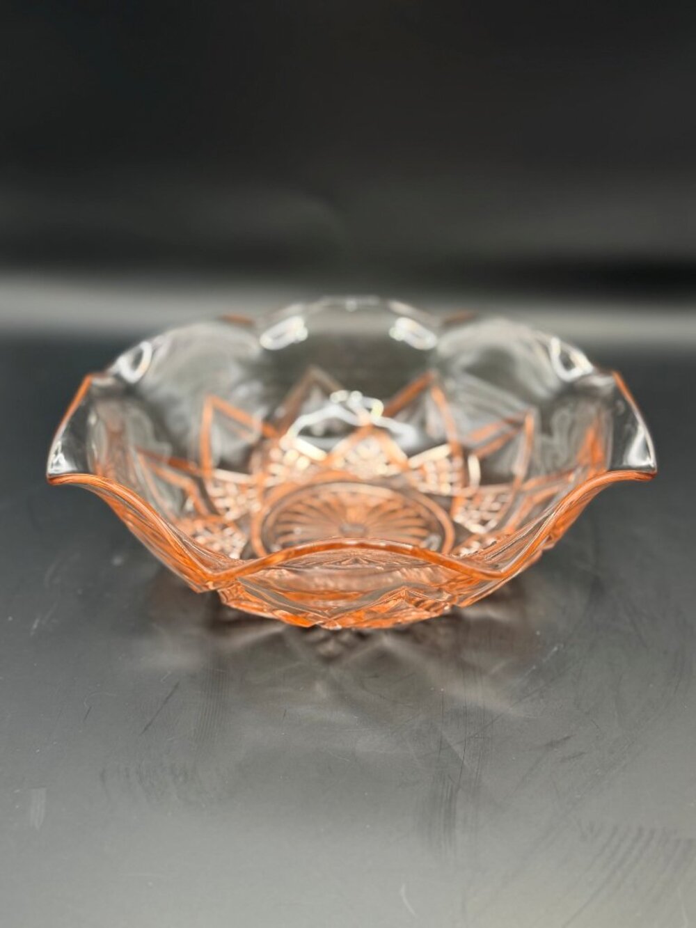Hazel Atlas Diamond Arches Pink Depression Glass Ruffled Serving Bowl 9" Vintage
